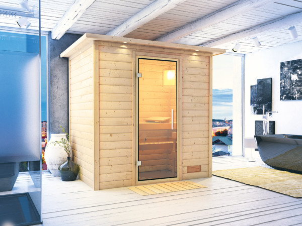 Massieve sauna Sonja met dakkraag, transparent glazen deur