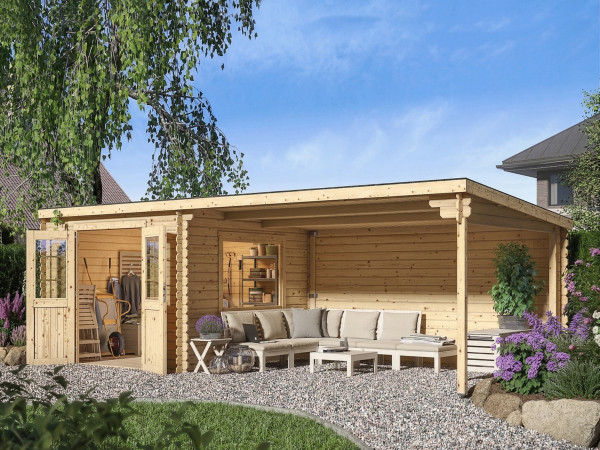 Tuinhuis blokhut CA2978 28 mm onbehandeld met 4 m aanbouw