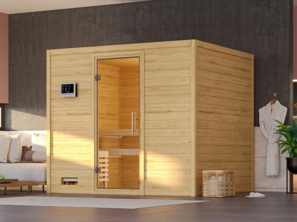 Massieve sauna Sonara transparent glazen deur + 9 kW Bio-Combi-kachel met ext. besturing