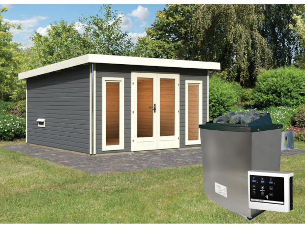 Saunahuis Mainburg 3 terragrijs 38 mm incl. klassieke saunakachel 9 kW + ext. besturing