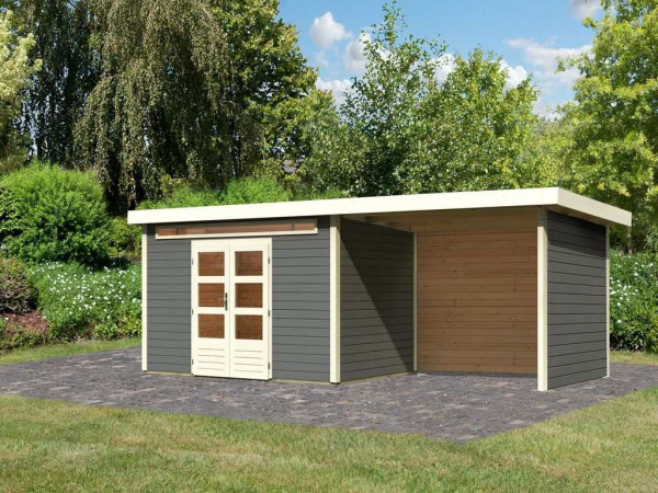 Tuinhuis SET Kandern 7 28 mm terra grijs, incl. 3,2 m aanbouwdak + zij- en achterwand