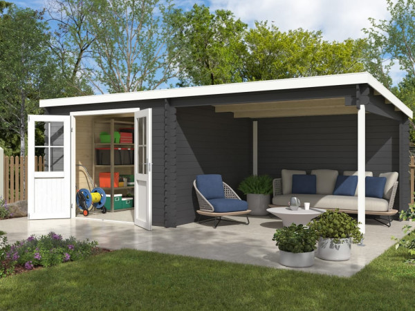 Blokhut Orlando Exclusief 28 mm carbongrijs met 3 m aanbouw