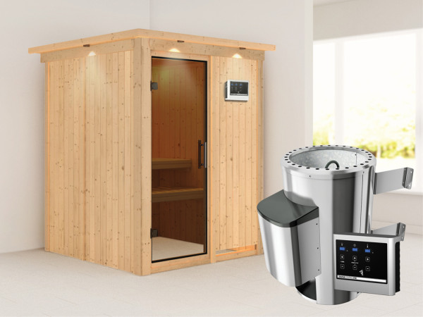 Systeemsauna Minja met dakkraag, grafiet glazen deur + Plug & Play saunakachel met ext. besturing