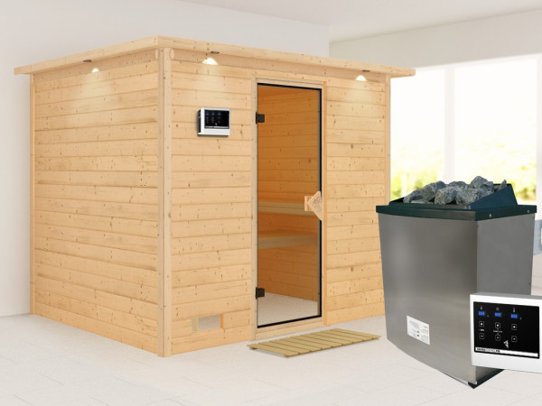 Massieve sauna Sonara met dakkraag, kompleet transparente gebronsde glazen deur, incl. 9kW kachel