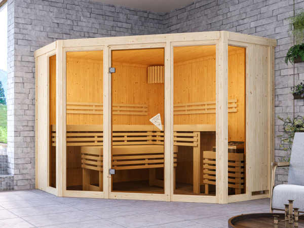 Karibu elementensauna premium sauna 68mm Beri SPARSET incl. 9 kW saunakachel en extra bedieningselem