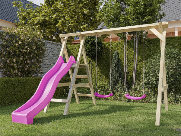 Dubbele schommel met platform Cosy Double KDI incl. glijbaan roze + 2 schommelzitjes roze