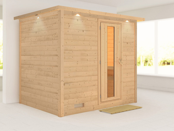 Massieve sauna Sonara met dakkraag, houten deur met geïsoleerd glas