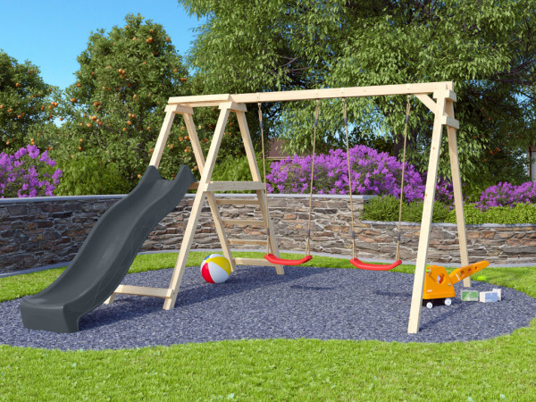 Dubbele schommel Felix naturel, met klimrek en glijbaan antraciet