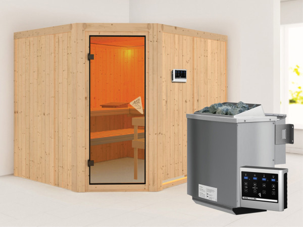 Systeemsauna Malin kompleet transparente gebronsde glazen deur, incl. 9kW Bio-Combi-kachel