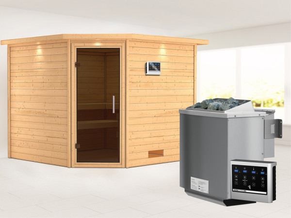 Massieve sauna Leona met dakkraag, grafiet glazen deur + 9 kW Bio-Combi-kachel met ext. besturing