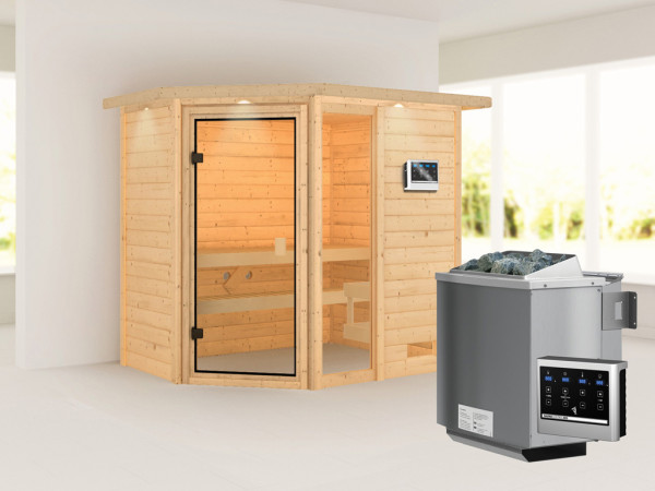 Sauna Jada met gebronsde glazen deur en dakkraag + 9 kW Bio-Combi-kachel ext. besturing