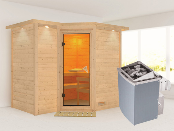 Massieve sauna Sahib 2 met dakkraag, kompleet transparente gebronsde glazen deur, incl. 9kW kachel