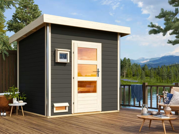 Buitensauna Norge 38 mm terragrijs met moderne deur