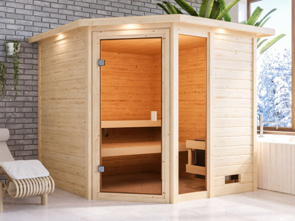 Sauna Tabea met gebronsde glazen deur en dakkraag + 9 kW saunakachel int. besturing
