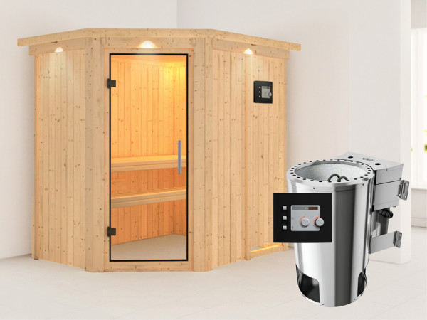 Systeemsauna Saja met dakkraag, transparent glazen deur + Plug & Play Bio-kachel met ext. besturing