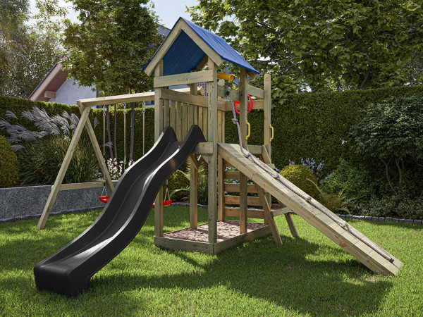 Geïmpregneerde houten speeltoren Hefty incl. dubbele schommel met grijze glijbaan en rode schommelzi