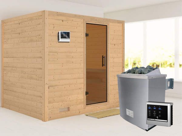 Massieve sauna Sonara grafiet glazen deur, incl. 9 kW saunakachel ext. besturing