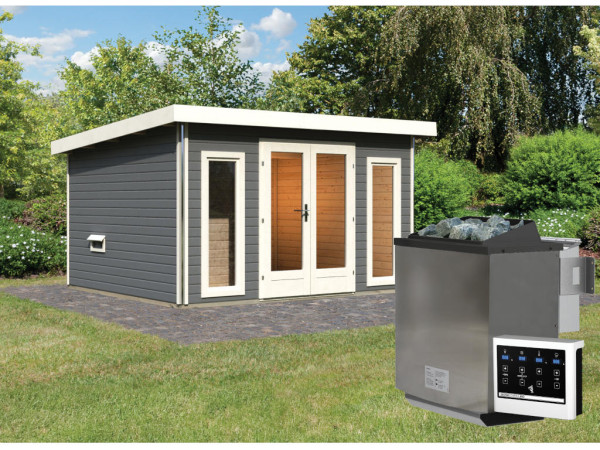 Saunahuis Mainburg 2 terragrijs 38 mm incl. Bio-Combi-kachel 9 kW + ext. besturing