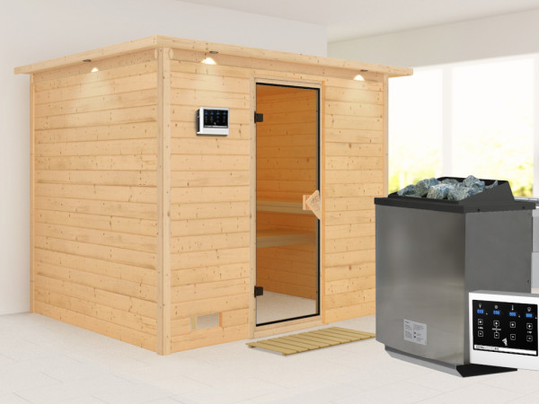 Massieve sauna Sonara met dakkraag, kompleet transparente gebronsde glazen deur, incl.9kW Bio-kachel
