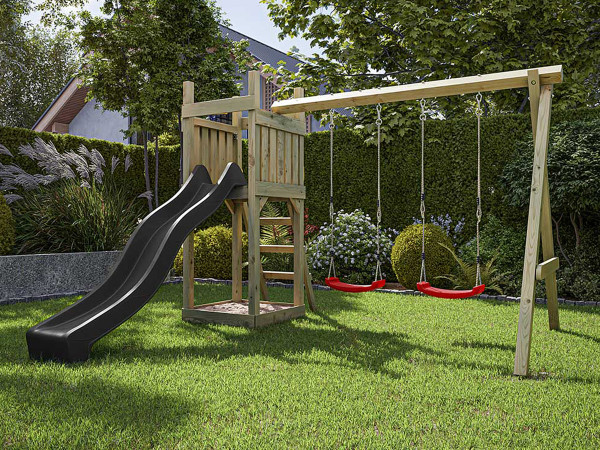 Geïmpregneerde houten speeltoren Skinny incl. dubbele schommel met grijze glijbaan en rode schommelz