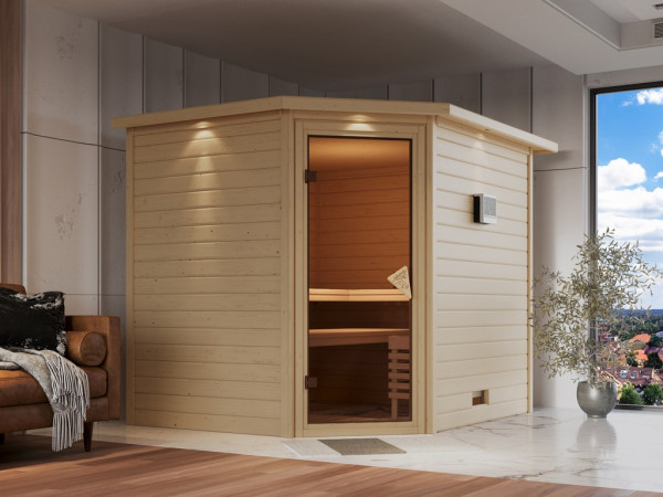 Massieve sauna Tanami met dakkraag, incl. 9 kW Bio-Combi-kachel ext. besturing