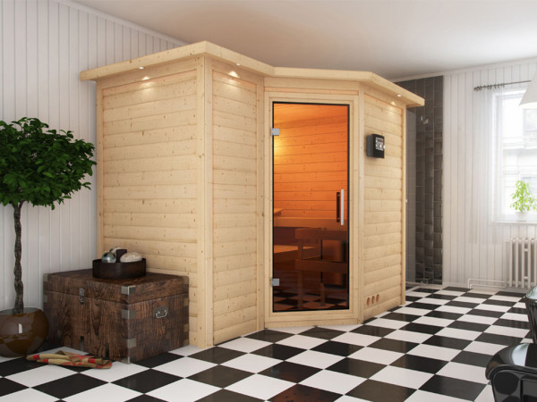 Massief houten sauna premium sauna Betty spaarset incl. 9 kW saunakachel met geïntegreerde bediening