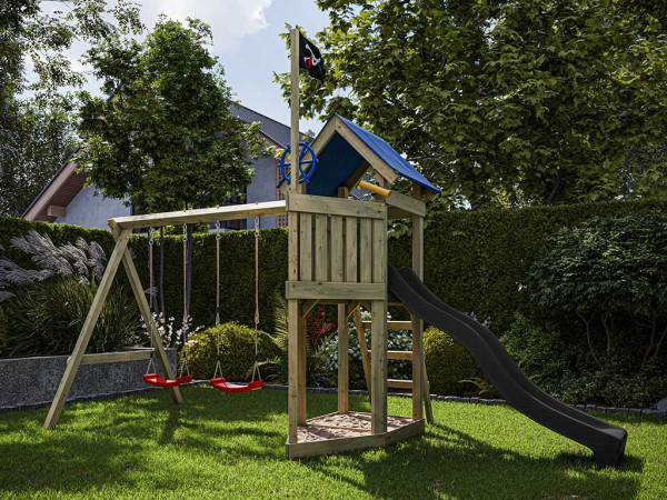 Geïmpregneerd houten speeltoren Pirat Captain Jolly met dubbele schommel incl. grijze glijbaan en ro