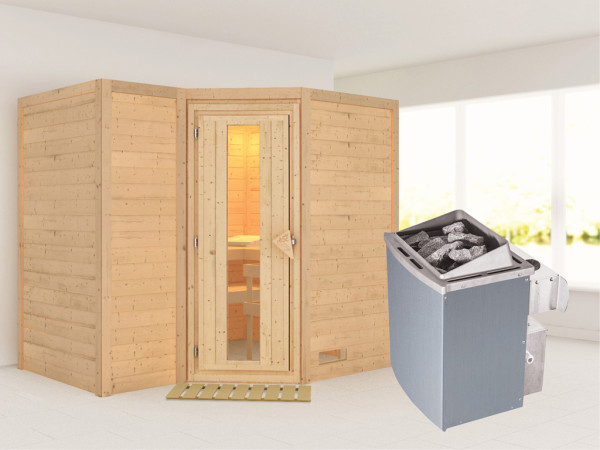 Massieve sauna Sahib 2 houten deur met geïsoleerd glas, incl. 9 kW kachel int. besturing