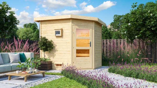 Saunahuis Mikka met transparente glazen deur, incl. 9 kW saunakachel met ext. besturing