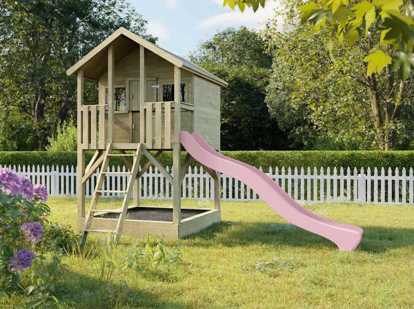 Speelhuisje op palen "Big House" van geïmpregneerd hout met zandbak incl. roze glijbaan