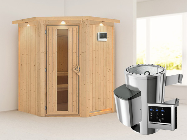 Systeemsauna Nanja met dakkraag, energiebesparende deur + Plug & Play saunakachel met ext. besturing