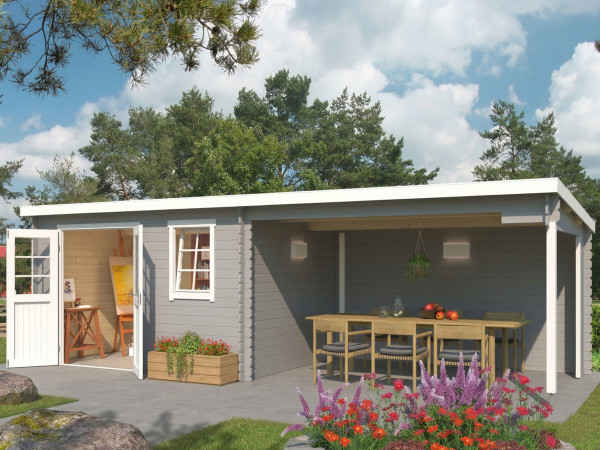 Tuinhuis blokhut Aida 800 28 mm lichtgrijs met 3,8 m aanbouw