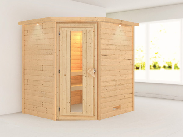 Massieve sauna Mia met dakkraag, houten deur met geïsoleerd glas