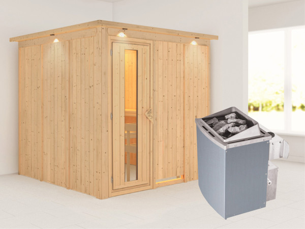 Systeemsauna Rodin met dakkraag houten deur met geïsoleerd glas incl. 9kW saunakachel int. besturing