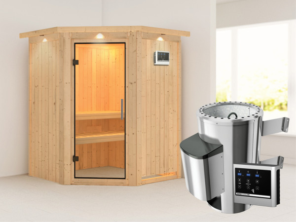 Systeemsauna Nanja met dakkraag, transparent glazen deur + Plug&Play saunakachel met ext. besturing