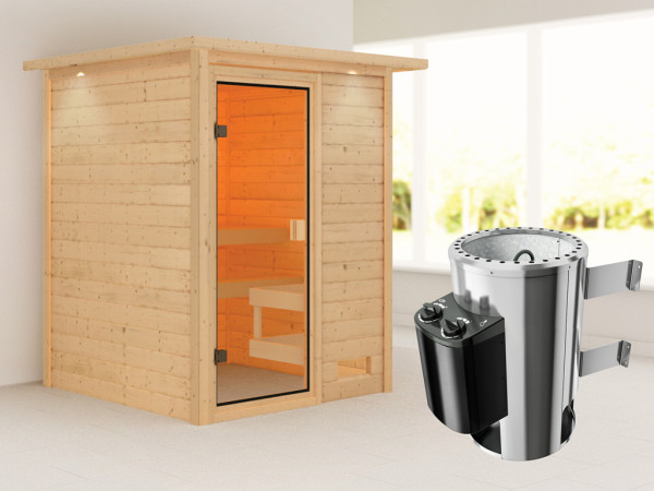 Sauna Sandra met gebronsde glazen deur en dakkraag + 3,6 kW Plug & Play saunakachel int. besturing