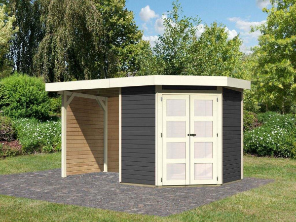 Tuinhuisje SET Goldendorf 3 ECO 19 mm terra grijs, incl. 2,4 m aanbouwdak + zij- en achterwand
