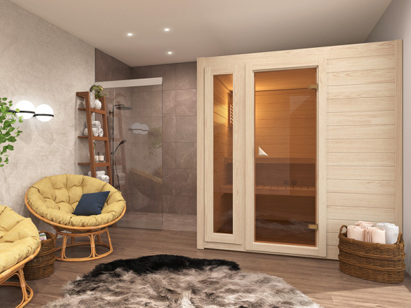 Sauna massief houten sauna VOORDEELSET Kananga incl. 9 kW kachel met interne besturing