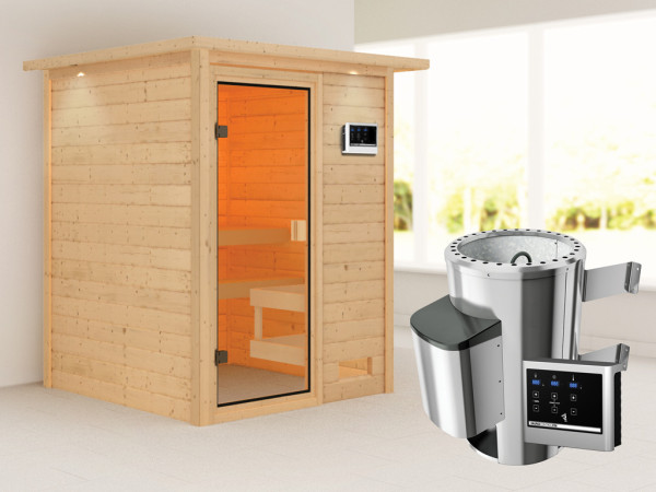 Sauna Sandra met gebronsde glazen deur en dakkraag + 3,6 kW Plug & Play saunakachel ext. besturing