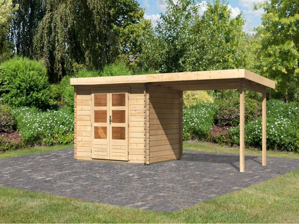 Tuinhuisje blokhut SET Bastrup 3 28 mm natuurlijke afwerking, incl. 3 m aangebouwd dak