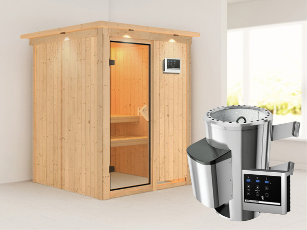 Systeemsauna Minja met dakkraag, incl. Plug & Play saunakachel externe besturing