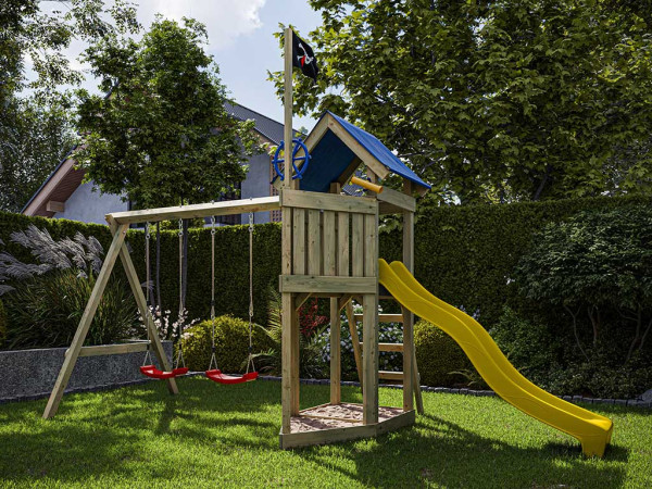 Geïmpregneerde houten speeltoren Pirat Captain Jolly met dubbele schommel incl. gele glijbaan en rod