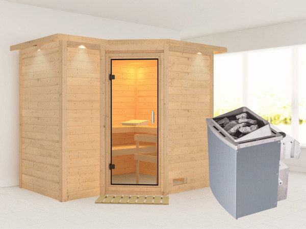 Massieve sauna Sahib 2 met dakkraag, transparent glazen deur + 9 kW saunakachel met besturing