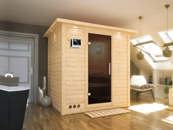 Massieve sauna Mojave met dakkraag, grafiet glazen deur, incl. 9 kW Bio-kachel ext. besturing