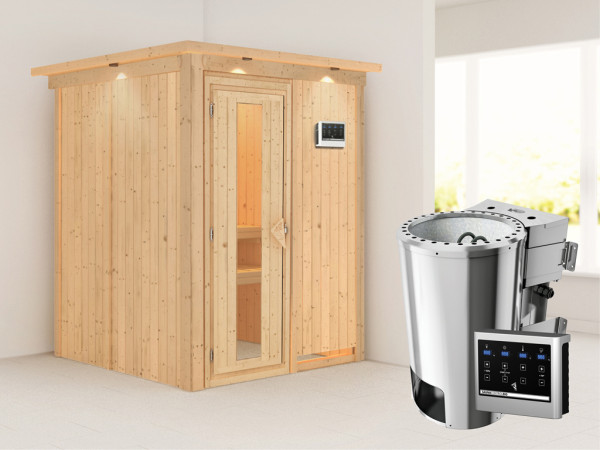 Systeemsauna Minja met dakkraag, energiebesparende deur + Plug & Play Bio-kachel met ext. besturing