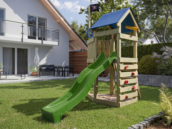 Geïmpregneerde speeltoren Pirat Captain Jolly met groene glijbaan