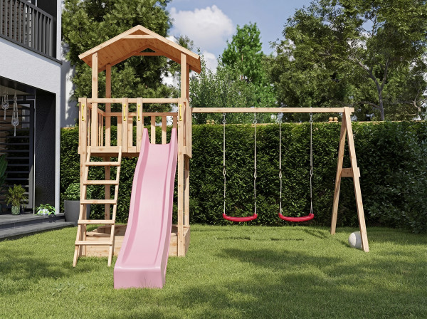 Tilly Premium speeltoren met dubbele schommel in lariks incl. roze glijbaan + roze zitjes