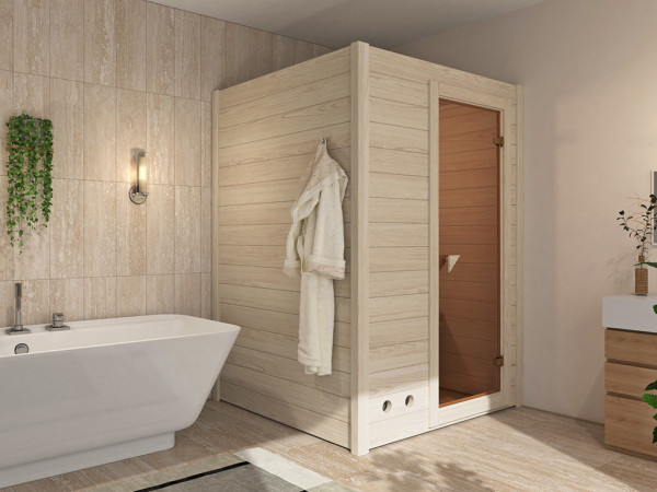 Sauna massief houten sauna VOORDEELSET Boswelia incl. 3,6 kW biokachel met externe besturing