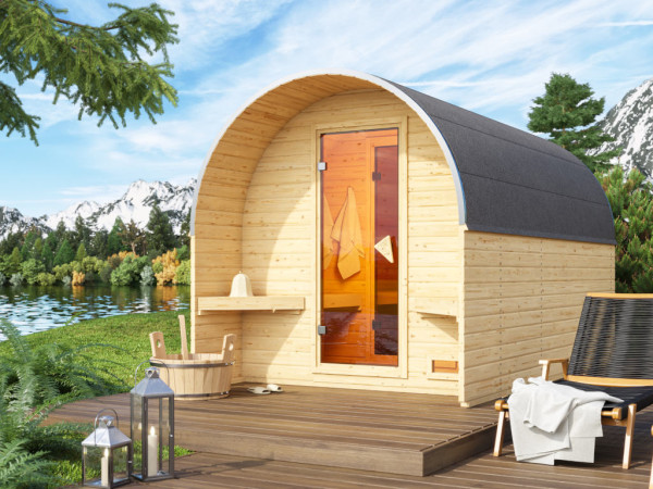 Barrel sauna 3 met voorkamer 38 mm blank hout