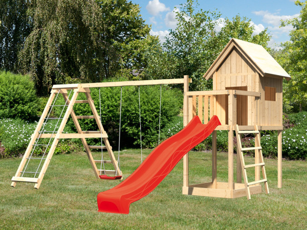 Steltenhuis set Frieda naturel, incl. glijbaan rood, schommel en klimrek